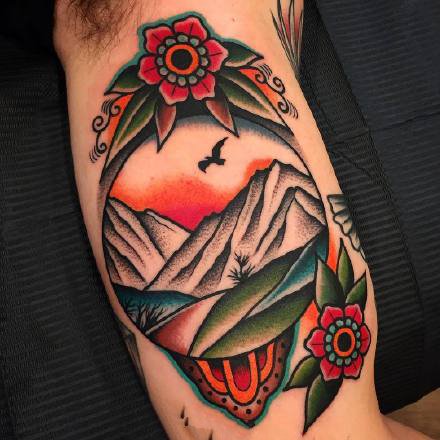 红色old school风格的一组帆船纹身图案