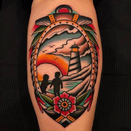 红色old school风格的一组帆船纹身图案