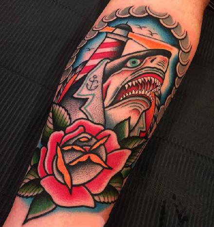 红色old school风格的一组帆船纹身图案