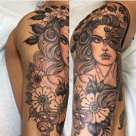 女性大腿侧到臀部的性感纹身图片