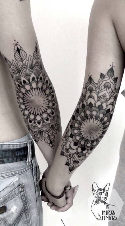 一组小臂上的繁花曼达拉纹身图片