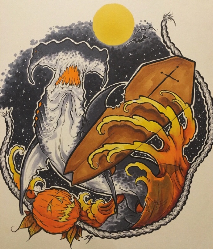 怪异的一组school鲨鱼纹身手稿图案