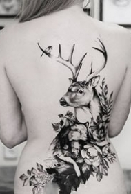 鹿角和小花花组合的黑灰纹身作品9张