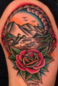 红色old school风格的一组帆船纹身图案