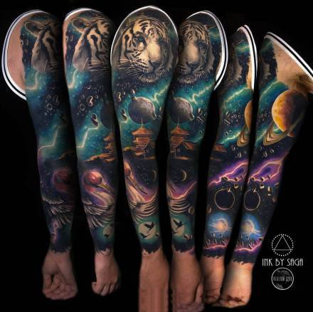 写实风格的炫彩大花臂纹身图片