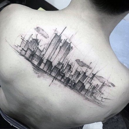一组城市建筑的天际线纹身图案