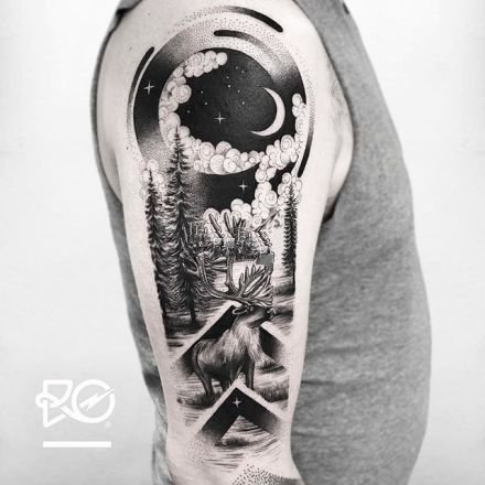 超有范的欧美风大臂黑灰点刺纹身图案