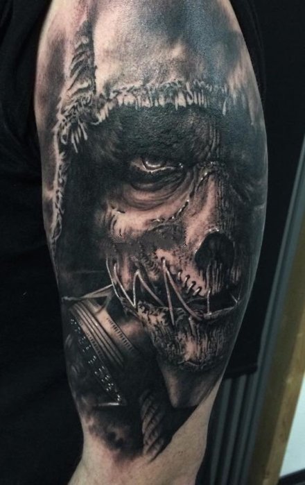 欧美写实大黑灰骷髅纹身图案