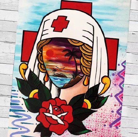 oldschool风格的彩色护士纹身图案