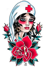 oldschool风格的彩色护士纹身图案