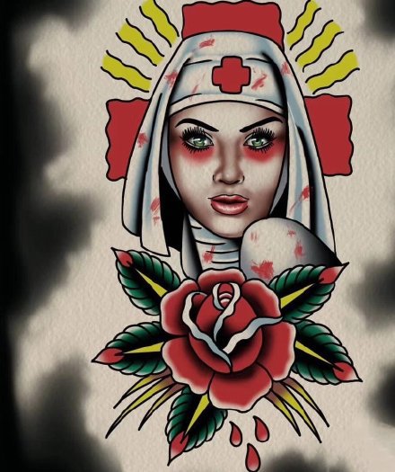 oldschool风格的彩色护士纹身图案