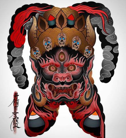 一组红色新传统半甲全胛纹身手稿图案