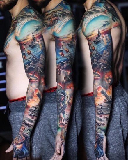 一组炫彩色大花臂纹身图案作品