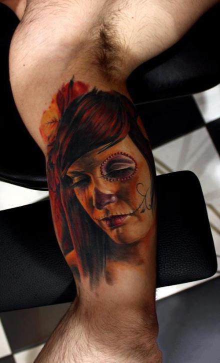 彩色的一组花朵骷髅纹身图案欣赏