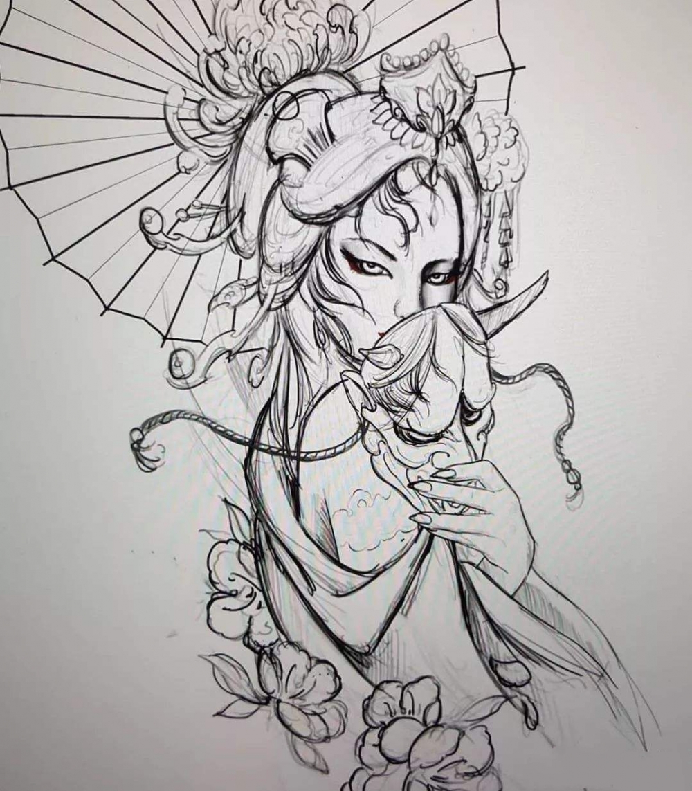 11组艺伎等女郎的纹身黑白线稿图案