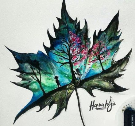 梦幻彩色的枫叶纹身图片手稿作品