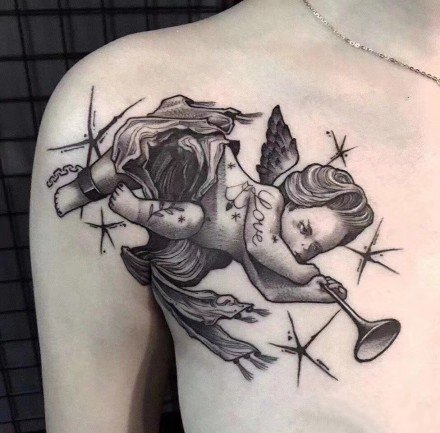 暗黑风格的天使爱神丘比特纹身图案