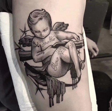 暗黑风格的天使爱神丘比特纹身图案