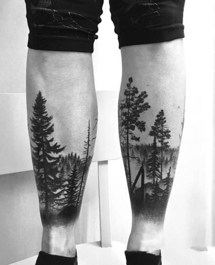 黑色森林主题的黑色树林风景纹身图片