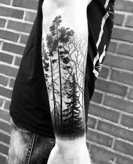 黑色森林主题的黑色树林风景纹身图片