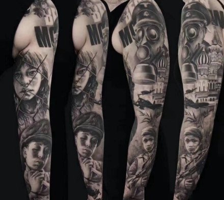 欧美黑灰写实风格的大黑花臂纹身图案