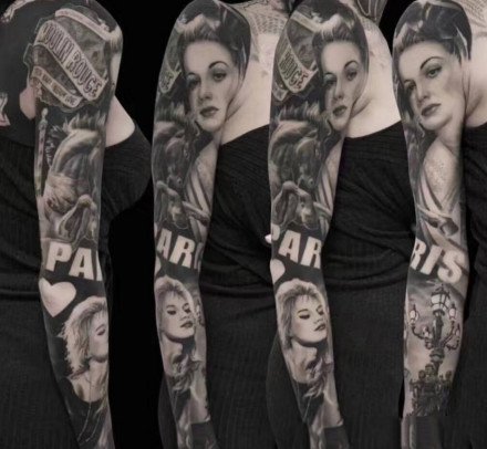 欧美黑灰写实风格的大黑花臂纹身图案