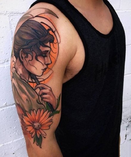 new school风格的美女肖像纹身图案