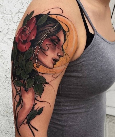 new school风格的美女肖像纹身图案