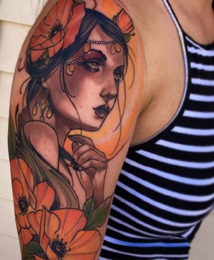 new school风格的美女肖像纹身图案