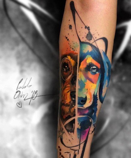 水彩色动物主题的彩色纹身图案