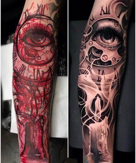 一组写实纹身的勾线与完成作品对比图