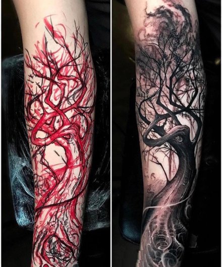 一组写实纹身的勾线与完成作品对比图