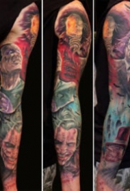 彩色的一组花朵骷髅纹身图案欣赏