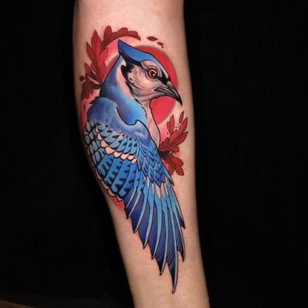 彩色newschool风格的喜鹊等花鸟纹身图案