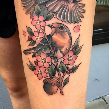 彩色newschool风格的喜鹊等花鸟纹身图案