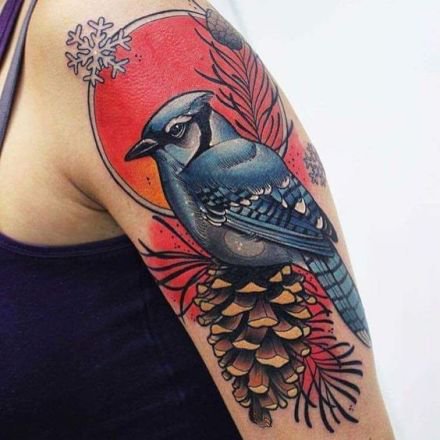彩色newschool风格的喜鹊等花鸟纹身图案