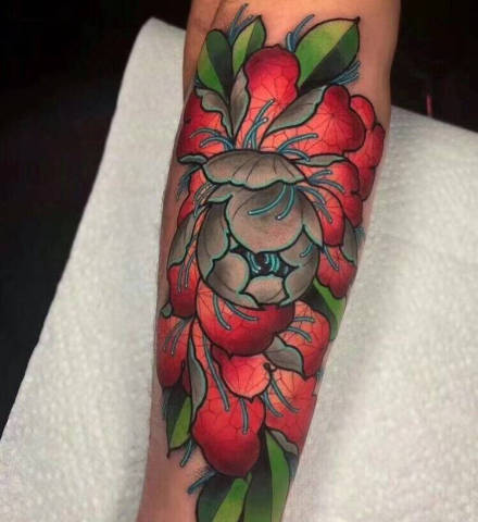 精美newschool炫彩色牡丹等花朵纹身图案