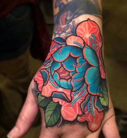 精美newschool炫彩色牡丹等花朵纹身图案