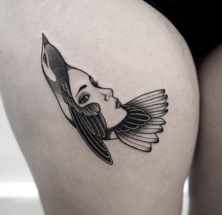 创意的鸟与人脸结合的个性纹身图案