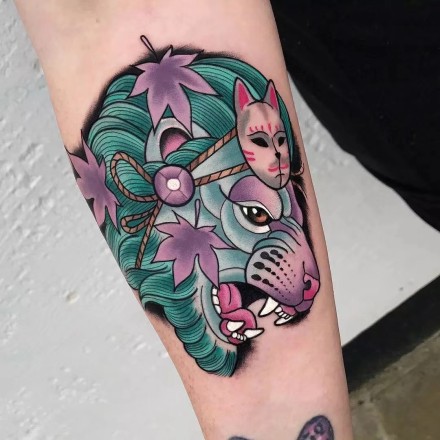 樱花和school动物头搭配的创意纹身