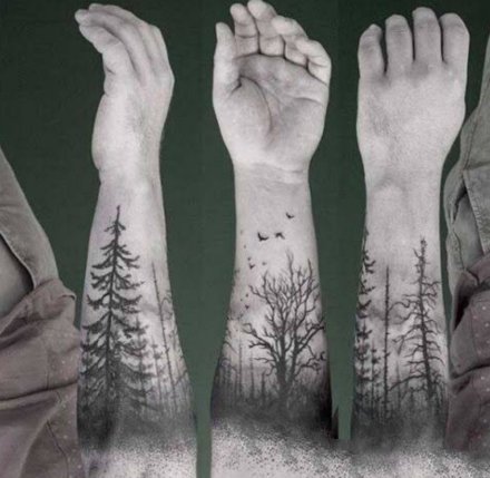 胳膊上的暗黑点刺森林树木纹身图案