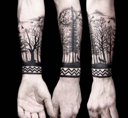 胳膊上的暗黑点刺森林树木纹身图案