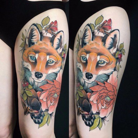 school风格的彩色欧美狐狸纹身图案
