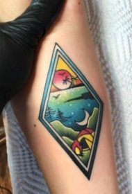 菱形搭配风景的一组几何纹身图案