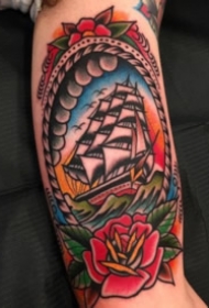 彩色oldschool风格的帆船纹身图案