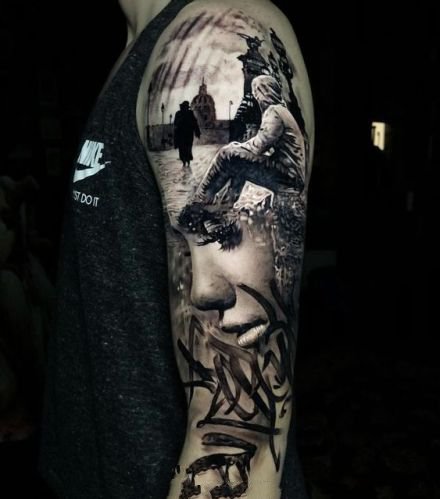 欧美黑灰色3d立体写实包大臂纹身作品9张