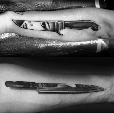 手臂上的一组刀具匕首纹身图案