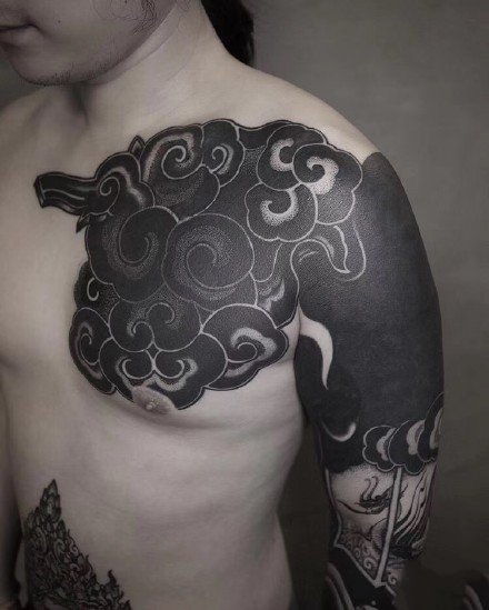 死黑色的日本浮世绘传统海浪花纹身图案