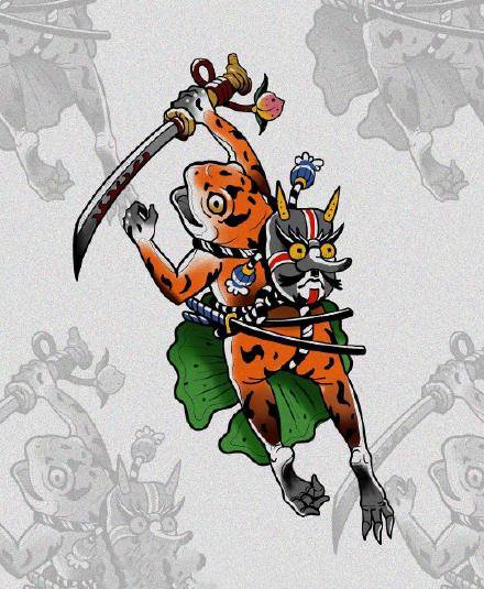 一组日式传统的小青蛙纹身图案手稿