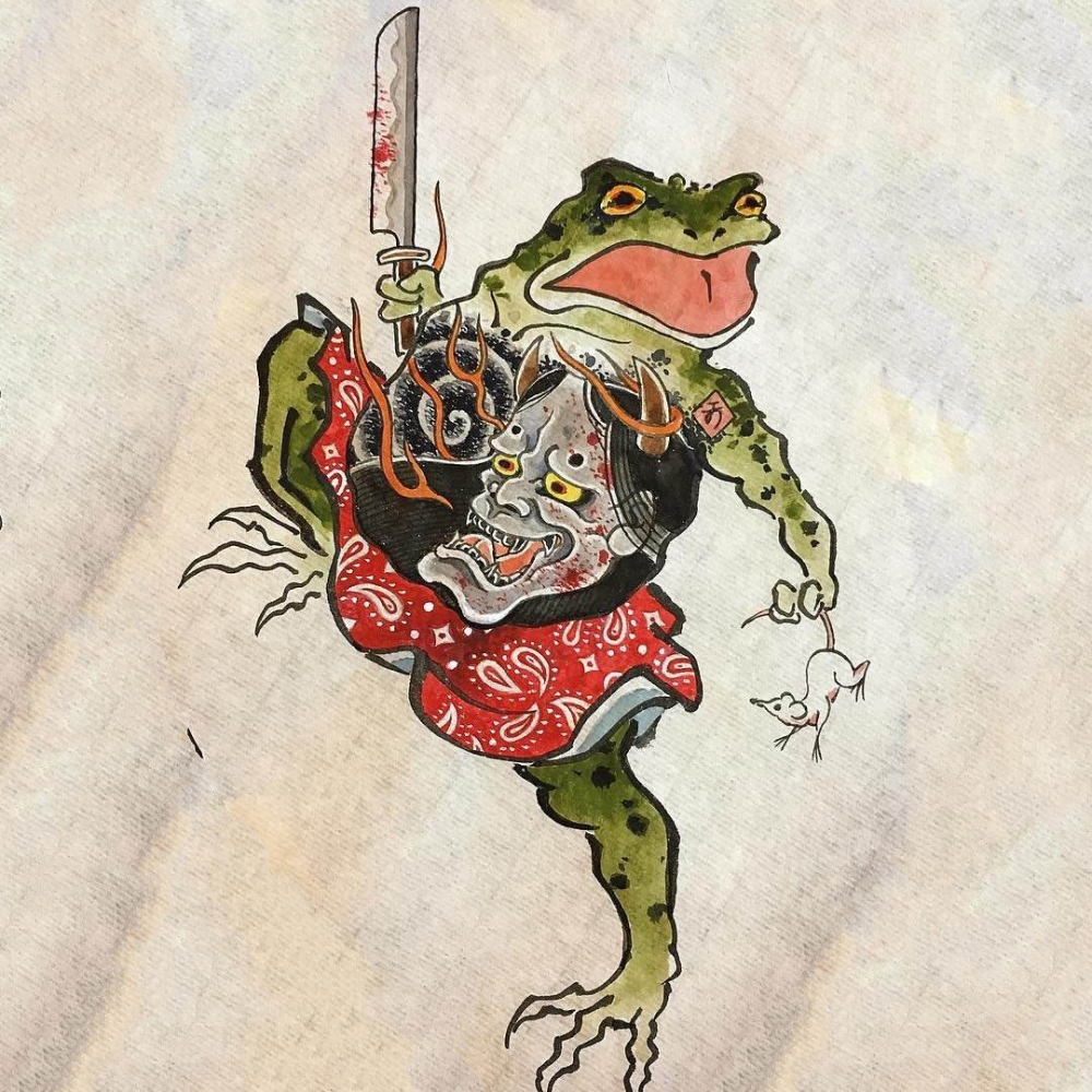 一组日式传统的小青蛙纹身图案手稿